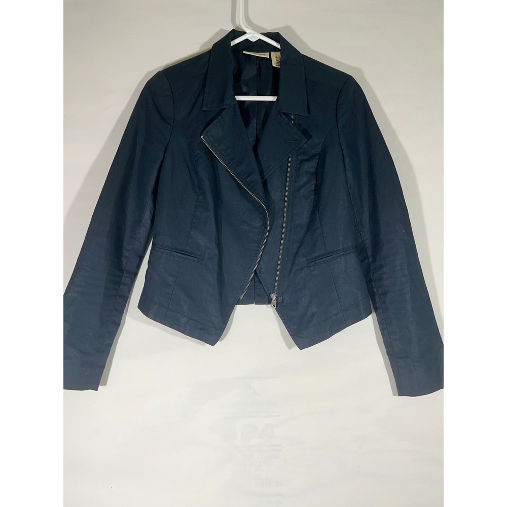 DKNY Jeans Asymmetrical Zip Jacket Women Petite S Navy Moto Crop Biker Modern